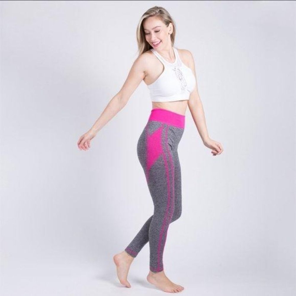 Blanca Line Pink Grey High Waist Stretch Yoga Leggings Large - Picture 6 of 12